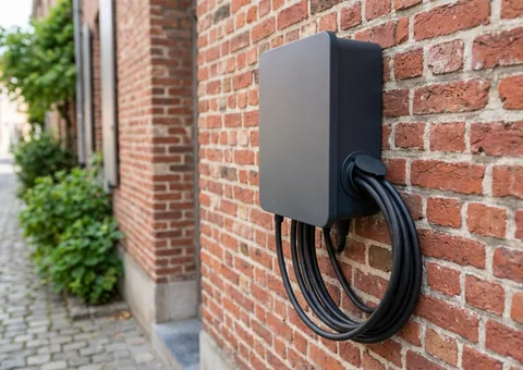 Witte laadpaal van 11 kW gemonteerd aan een bakstenen gevel door een installateur