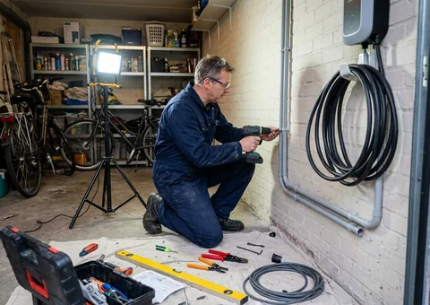 Elektricien die een laadpaal installeert aan een buitenmuur