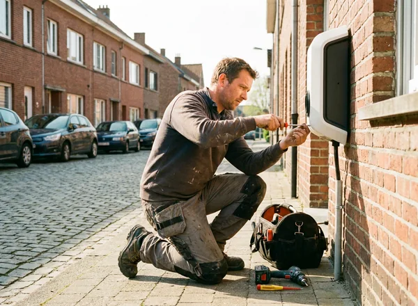 Erkende elektricien die een laadpaal monteert aan een buitengevel