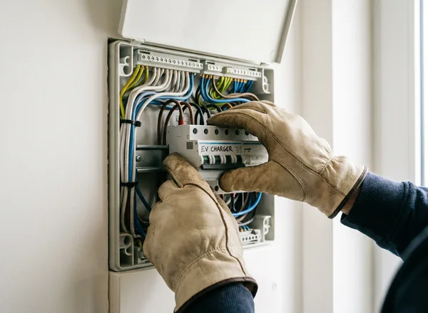 Open zekeringkast waarop een erkend elektricien de kring voor een laadpaal aansluit
